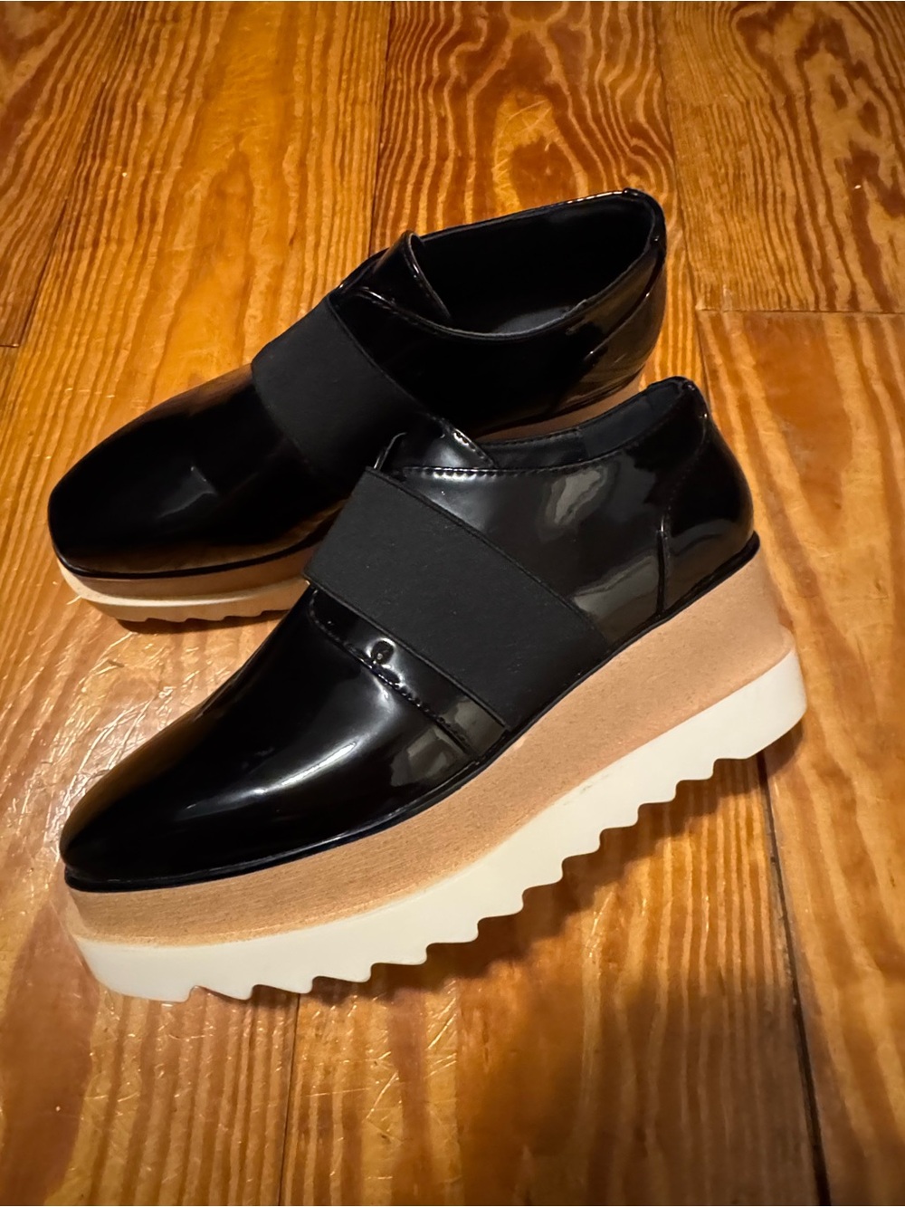 Public Desire Black Patent Platform Slip-On Loafers with Cork-Look Midsole